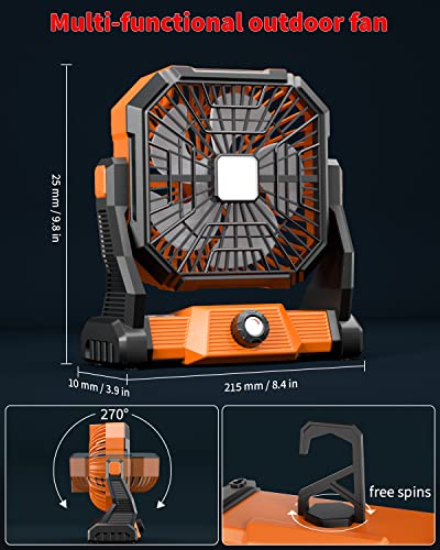 Personal Fan Camping Fan rechargeable, 20000mAh Battery powered fan with LED Lantern, 270°Head Rotation, Battery operated Fan Portable, USB Desk Fans with hook for Travel Tent Office Beach BBQ,Orange
