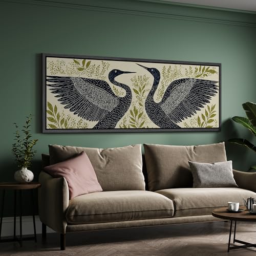Image of MUDECOR Large Framed Canvas Print Wall Art Modern Crane Birds with Green Botanical Antique Retro Ready to Hang Painting for Living Room Bedroom Multi-Sizes - 60 inchx20 inch