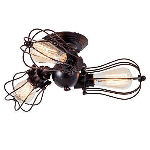 Luling Vintage Ceiling Light Industrial, Chandeliers Adjustable Socket Metal Wire Cage Lamp Semi-Flush Mount Rustic Ceiling Light Metal Lamp Fixtures (No Bulb) (with 3 Light) (Rust Color) (Rust)