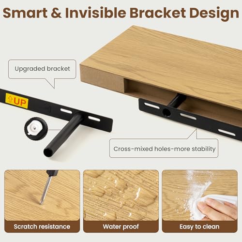 Image of Axeman Square Floating Shelves for Wall, 8 inch W x 8 inch D x 1.4 inch H Rustic Wooden Wall Shelves, 4 Pack Wall Mounted Floating Shelf with Invisible Brackets for Living Room, Bathroom, Kitchen, Oak Color