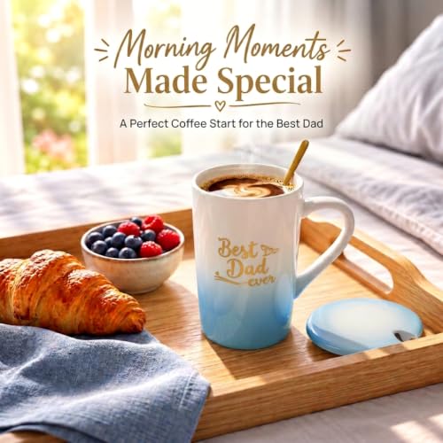 Image of ZAICUS Best Dad Ever Coffee Mug with Lid & Spoon, Ceramic Gift for Father | Suitable for Hot & Cold Beverages | Ceramic Mug | Elegant White & Blue Gradient Finish