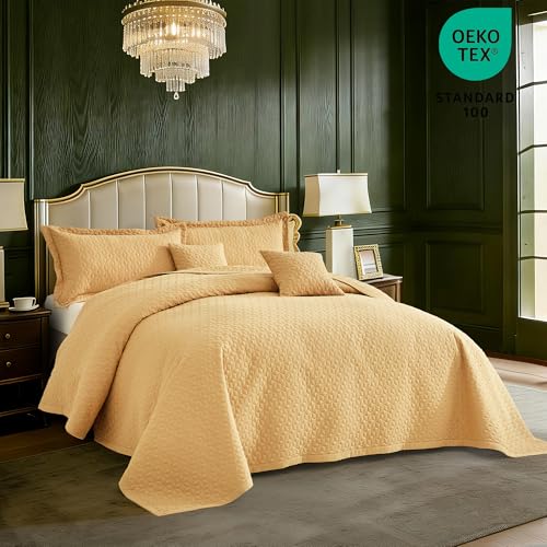 Image of Oversized King Bedspread 128x120 Extra Wide, Diamond Geometric Quilt Set King /Cal King, Lightweight Reversible Coverlet, Straight Edge - Warm Contemporary Look, 5 Piece, Honey Gold