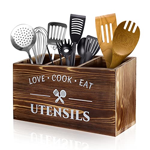 Mincord Brown Utensil Holder Rustic Utensil Caddy Utensil Crocks With 3 Compartments For Kitchen Counter, Farmhouse Wood Flatware Utensil Organizer Storage Box For Silverware Fork Spoon Spatula cover