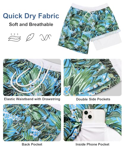 Image of Mens Swim Trunks with Compression Liner 2 in 1 Quick Dry Swimming Shorts Swimwear Bathing Suits with Pockets
