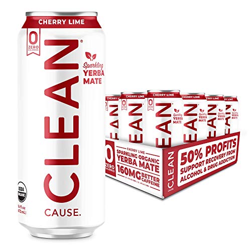 Cherry Lime Organic Sparkling Yerba Mate Tea - Zero Calorie, Zero Sugar, Zero Guilt, (160mg Caffeine), 16oz cans, 12-pack - CLEAN Cause - 50% Profits Support Alcohol & Drug Addiction Recovery