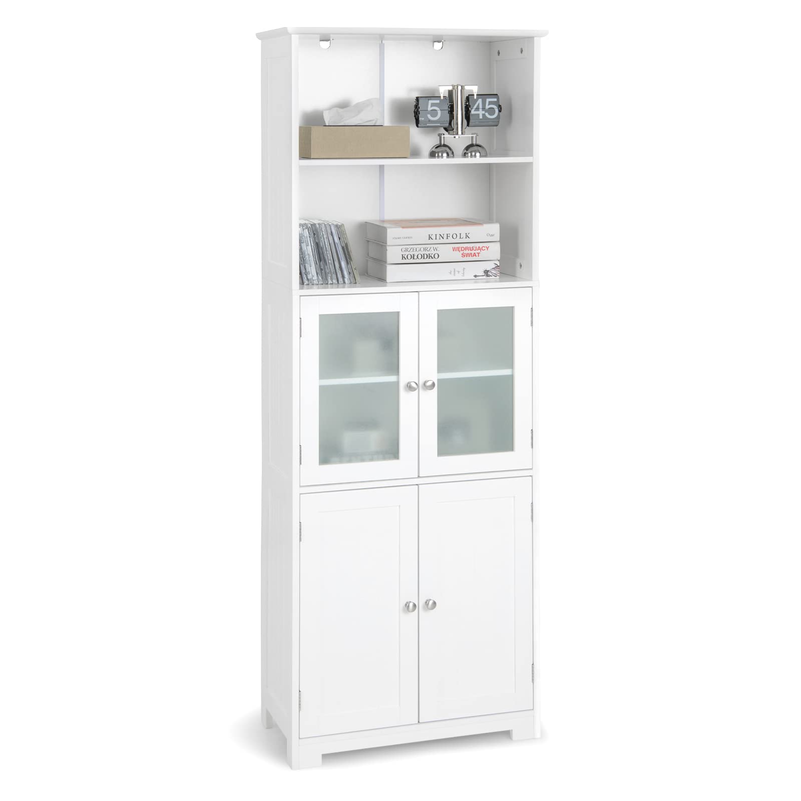 LIFEZEAL Armario Alto, Armario Independiente de Suelo con 4 Puertas, Gabinete con Estantes Ajustables, Mueble Organizador con 2 Puertas de Vidrio Templado para Baño, Cocina, Salón (Blanco)