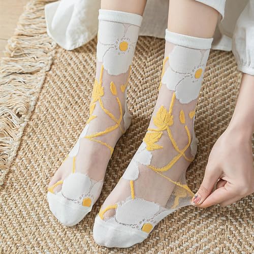 Image of DXYAKY Sheer Mesh Transparent Socks for Women Ultra-thin Lace Fishnet See Through Ankle Novelty Casual Floral Socks