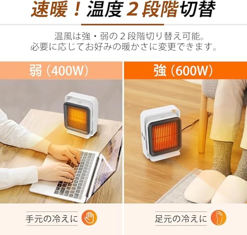 MOTIFUN ヒーター 小型 セラミックファンヒーター 人感センサー付 足元 省エネ 速暖 トイレ 洗面所 脱衣所 暖房 400W/600W切替 静音 角度調節 転倒時自動オフ機能 ミニ セラミックヒーター デスク下 オフィス 手元 卓上 H5A の商品画像 3