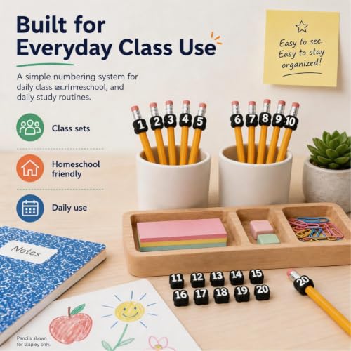 Numbered Pencil Toppers 1-30, Reusable Classroom Pencil Labels for Student Identification, Colorful Number Toppers for Pencils, Teacher Supplies for School Organization (30 Pack) (Numbers 1-50/Blue) - Image 9