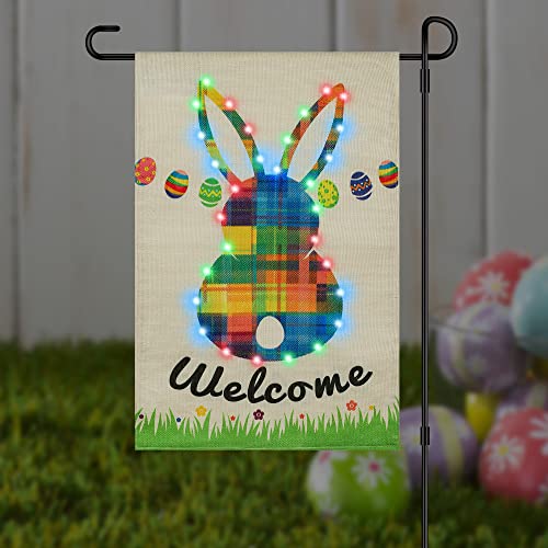Easter Garden Flag With Colorful Lights - Easter Welcome Garden Flag With Patent Led String Lights - Double Sided Bunny Flag For Outdoor Farmhouse Spring Easter Yard/ Lawn Decoration - 12X18 Inch #TOP27