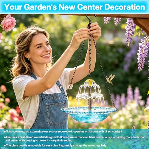 Bebedero para pájaros con fuente solar autónoma y cascada decorativa de tres niveles 7