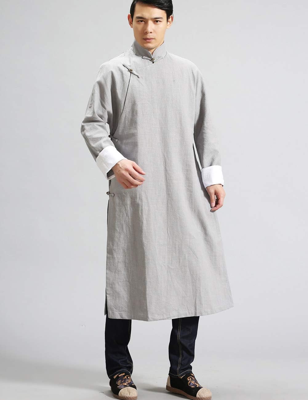 LUZU JUNU Men's Chinese Kung Fu Tai Chi uniforms Spring Autumn Long Jacket Linen Tang Style Overcoat