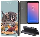 Samsung Galaxy S5 / S5 Neo Hülle Premium Smart Einseitig Flipcover Hülle Samsung S5 Neo Flip Case Handyhülle Samsung S5 Motiv (1468 Katze Katzen Baby Kätzchen Grau Blau)