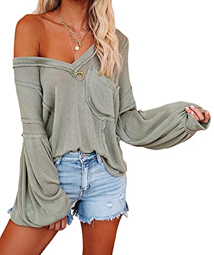 Image of Sexyshine Women's Sexy Off Shoulder Oversized Long Lantern Sleeve V Neck Knit Top Pullover Sweaters with Pocket