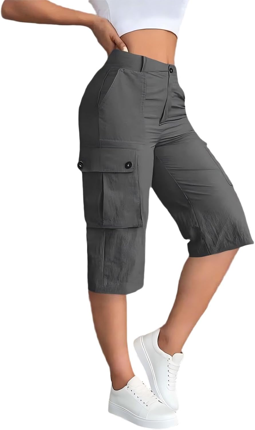 Women's Bermuda Cargo Shorts Elastic Waist Casual Knee Length Hiking Pants Lightweight Outdoor Athletic 3/4 Long Shorts