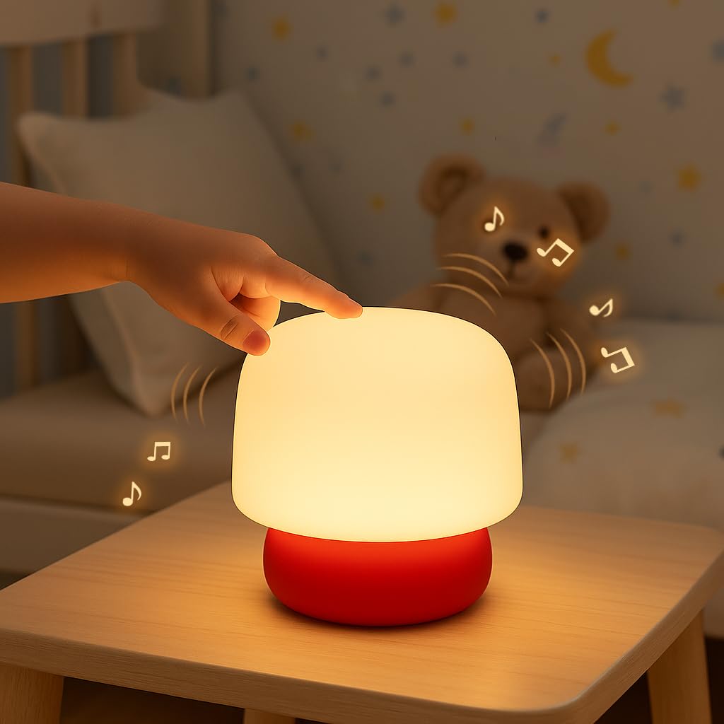 Touch & Tap Mushroom Night Light for Kids – Soft Silicone Lamp with Sound Effects, Eye-Friendly LED, Wireless Charging, Auto-Off Timer – Bedside Light and Gift for Baby, Toddlers, Parents