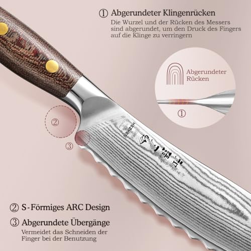 HEZHEN Profi Tomatenmesser Damast, Wellenschliff Hartstahl Auberginenmesser, Scharfe Klinge Brotzeitmesser, Frühstücksmesser Full Tang Micarta Griff