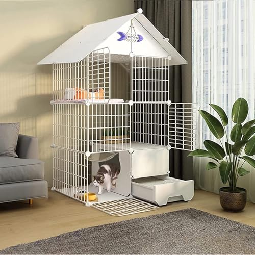 キャットケージ 大型 トイレ付き、猫ケージ屋内トイレトレー付き折りたたみ式猫屋外エンクロージャー取り外し可能な金属ワイヤーケンネルクレート大型運動場所猫ハウス(C,75*49*145CM)