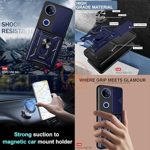 Image of Armor Bumper Back Cover Case for Vivo V50 /V50e /Vivo T4R /V50 Elite Edition /iQOO Z10R 5G Rotating Camera Cover, Ring Holder & Kickstand | Heavy Duty & 360 Degree Protection Back Cover (Blue)