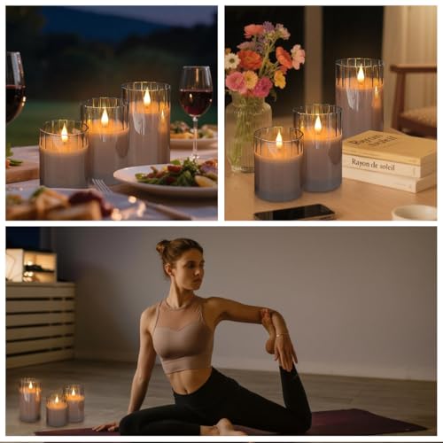 Image of LEDHOLYT Rechargeable Flameless Candle, Flashing LED Pillar Real Wax Candle with Remote Control and Timer, Grey Stripes Glass Electronic Candles for Room Decoration, 1 Set of 3