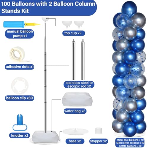 Image of 2 Sets Navy Blue and Silver Balloon Column Stand Kit with 100 Balloons Adjustable Balloon Tower Stand with Bases for Floor Confetti Balloon Column Kit for Graduation Birthday Appreciation Party Decor