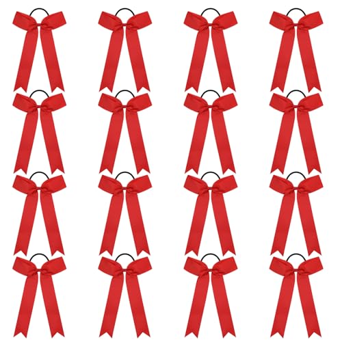 DEEKA 16 PCS Collegiate Style Long Tail Skinny Ponytail Holders - Handmade Bows for Girls, Teens, Softball, Cheerleaders, Sports - Red