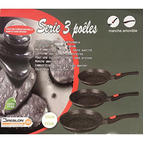 Lot de 3 Poêles 20, 24 et 28cm revêtement façon pierre