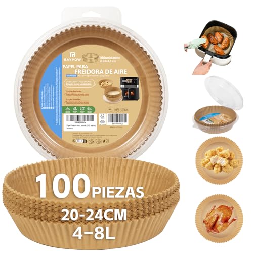 Papel Freidora Aire 20R100 Air Fryer Redondo 100 Unidades 20-24 cm moldes Desechable para Horno BPA Free Accesorios para Freidora sin Aceite de 2 a 8 litros (20-24CM-Redondo-100 unidad)