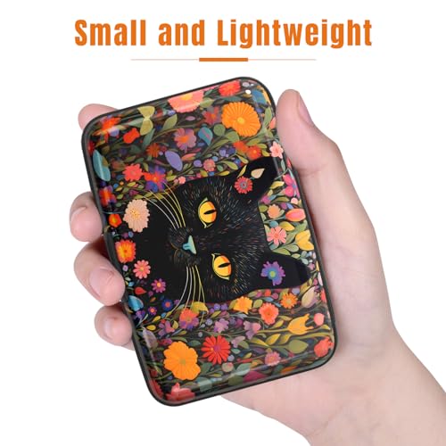 Image of Rimilak Aluminuml Credit Card Holder, Mini Credit Card Wallet RFID Blocking Slim Metal Hard Case for Women Men, Flowers Cat