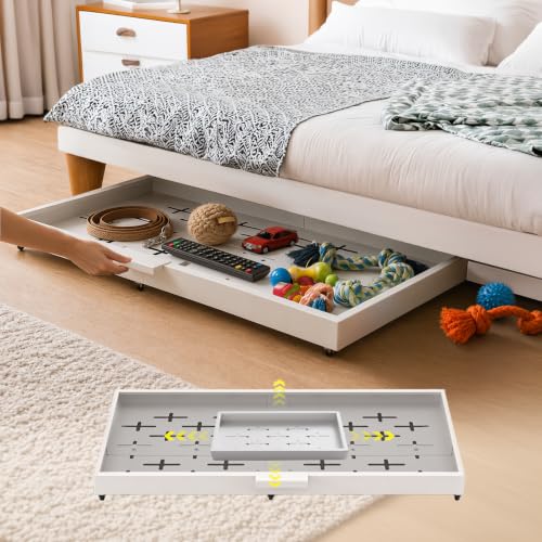 Fokyfok Under Bed Drawers,Under Bed Storage,Under Couch Drawer,1PC | 3 inch tall,Wheeled,Expandable,Slim,Shallow,19″-30″ x 14″-22″,Helps Keep Pet Toys from Rolling Under Furniture,Handle