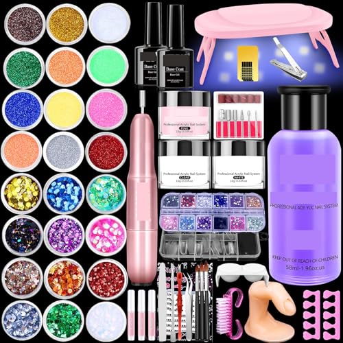 Professional Acrylic Nail Kit with Drill and UV Light Complete All in One Set with 24 Glitter Powders 3 Color Acrylic Powder and Liquid for Beginners Nail Techs Home Salon Non Yellowing Formula