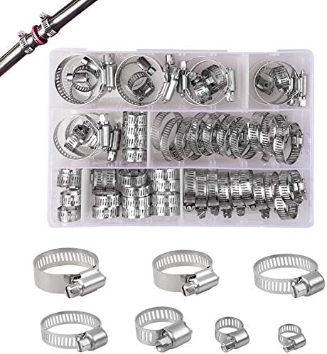 YEYIT 60 Pcs Hose Clips, Jubilee Hose Clamp 7 Sizes Adjustable 6-38mm Range Hose Clamps,Stainless Steel Pipe Clips Assortment with Storage Case, for Water Pipe,Automobile Tubing