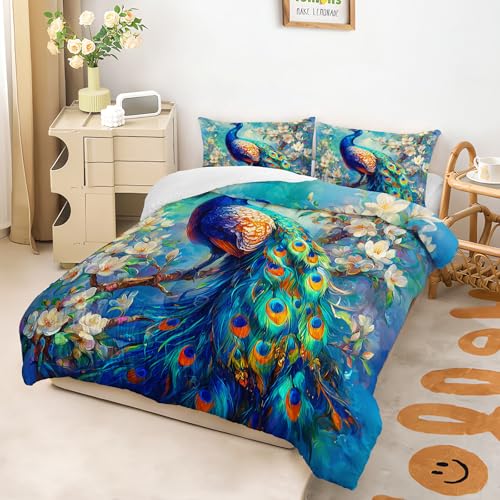 Image of AILONEN Vintage Flora Blue Peacock Comforter Set Twin Size,Garden Birds Bedding Sets for Girls Women Bedroom Decor,3-Piece, 1 Quilt and 2 Pillowcases