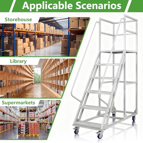 Image of 6 Steps Rolling Ladder, Mobile Platform Ladders with Handrails, Industrial & Warehouse Non-Slip Stair Ladder, Heavy Duty Step Ladders for Home Library Outdoor, 1100lbs Capacity