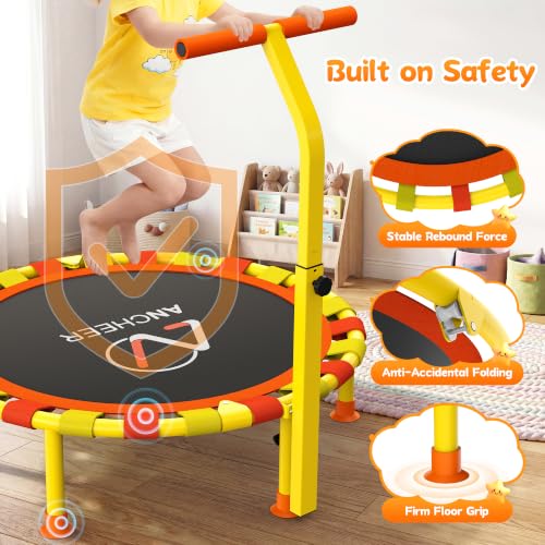 Image of ANCHEER 38 inch Toddler Trampoline for Kids, ASTM Certified Foldable Mini Trampoline with Adjustable Foam Handle, Indoor & Outdoor Kids Trampoline, Quiet Design, 200 LBS Capacity, Easy Assembly
