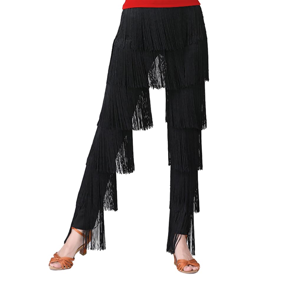 Inlefen Pantalones de Baile Latino para Mujer Con Borlas - Rendimiento de Tango Cha-Cha, Cintura Elástica, Flecos Escalonados