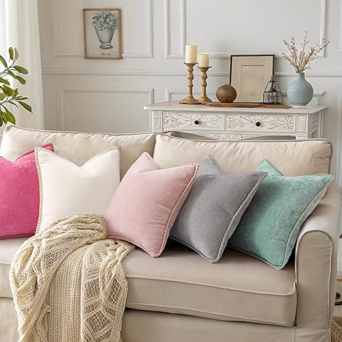Image of decorUhome Fall Chenille Soft Cozy Throw Pillow Covers 24x24 Set of 2, Modern Farmhouse Boho Velvet Decorative Euro Sham Pillow Cases with Stitched Edge for Couch Sofa Bed Home Decor, Neutral Gray