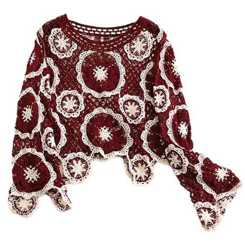 Women French Crochet Long Sleeve Shirt Hollowed Out Knit Floral Loose Fit Pullover Sweater Crop Top Coverup Beachwear