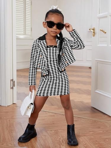 Image of WDIRARA Girl's 2 Piece Outfits Houndstooth Print Double Button Long Sleeve Jacket and Cami Dress Set