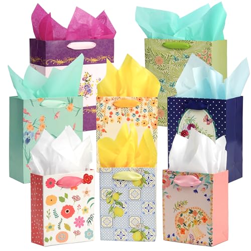 8 Pack Floral Kraft Paper Gift Bags Assorted Sizes (2 Large 13 3 Medium 9.6 3 Small 6.3) with Ribbon Handle and Tissue Paper 8 Unique Wildflower Designs for Mothers Day Birthdays Holidays and More Perfect For Wrapping Present
