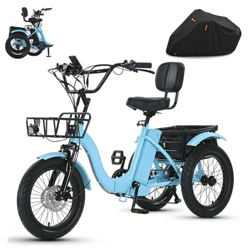 Triciclo eléctrico para adultos ¡Incluye funda,Triciclo Eléctrico De 18*3 Pulgadas Para Adultos, Pantalla Lcd + 2 Cestas De Carga,Triciclo De Bicicletas Eléctrica - Con Asiento Y Respaldo Cómodos