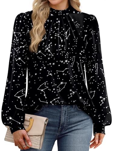 Image of WIHOLL Long Sleeve Shirts for Women Mock Neck Tops Pleated Front Blouses Dressy Casual Spring Fall Clothes 2026 Fashion
