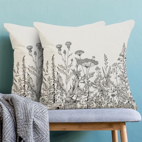 Image of AEIOAE Black White Gray Pillow Covers 16x16 Inch Set of 2, Spring Wildflower Plant Throw Pillows Case,Seasonal Floral Outdoor Decorative Flowers Farmhouse Decor Cushion Covers for Home Sofa Bed Couch