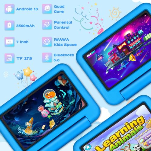 Image of Oangcc 7 Inch Tablet Android 13 Tablets, Wi-Fi 6, BT 5.0, 7GB RAM+ 64GB ROM (TF 2TB) | 3500mAh | 1024 x 600 Pixels | EVA Proof Case (Blue)