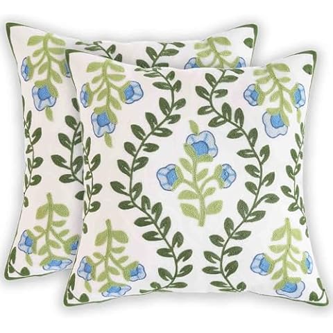 YEARSTAR Set of 2 Decorative Embroidered Throw Pillow Covers 18x18 Inch - Floral Square Pillowcases for Couch, Sofa, Bed, Living Room Farmhouse Decor, Green Cover