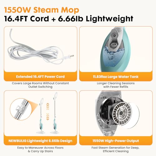 Image of NEWBULIG 14-in-1 Steam Mop, Powerful Detachable Handheld Steam Cleaner for Floor Cleaning with 2 Washable Pads, 16.4 FT Cord, Multi-Purpose Floor Steamer for Hardwood, Clothes, Carpet, Tile, Grout
