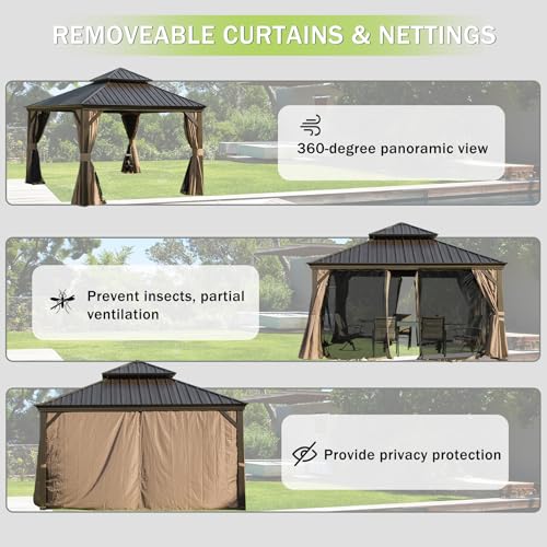 Domi 12x12FT Outdoor Gazebo, Hardtop Gazebo with Galvanized Steel Double Roof, Metal Gazebos with Drainage System Patio Pergola for Patio Deck Backyard,Curtain and Netting,Brown - Image 7