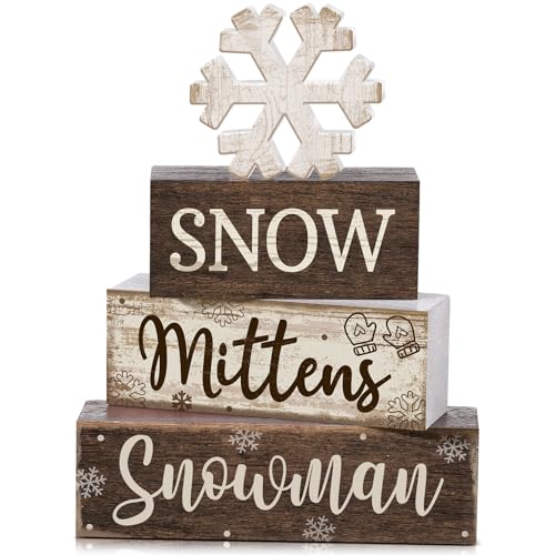 Image of Moucuny 4 Pcs Winter Table Decorations Wooden Snowflake Decor Christmas Tiered Tray Decor Rustic Decorative Snowflake Block Sign Gift Winter Table Centerpiece for Wonderland Party Home Kitchen