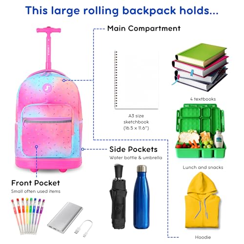 Image of J World Sunrise Kids Rolling Backpack with Wheels for Girls Boys, Roller Bookbag for School, 18 x 13 x 9 Inches, Confetti