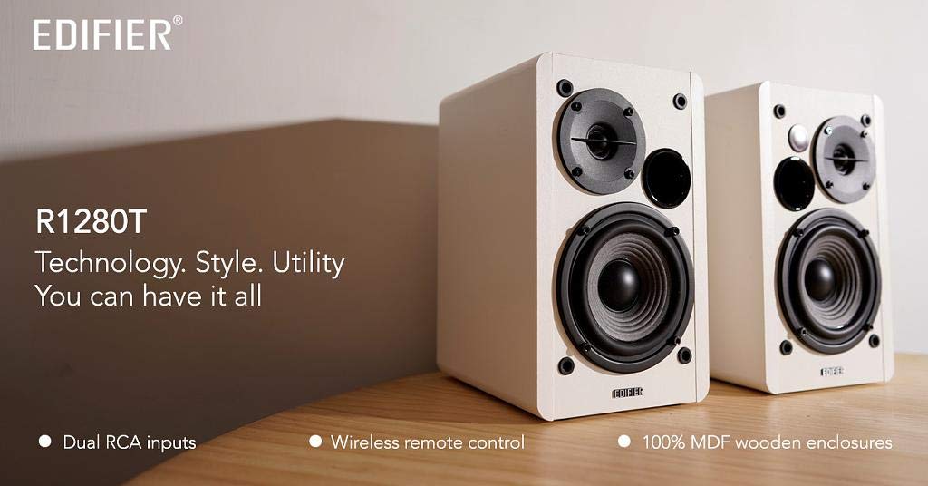 Edifier R1280T Powered Bookshelf Speakers - Wooden Enclosure, Remote Control, Dual RCA Inputs - Open Box